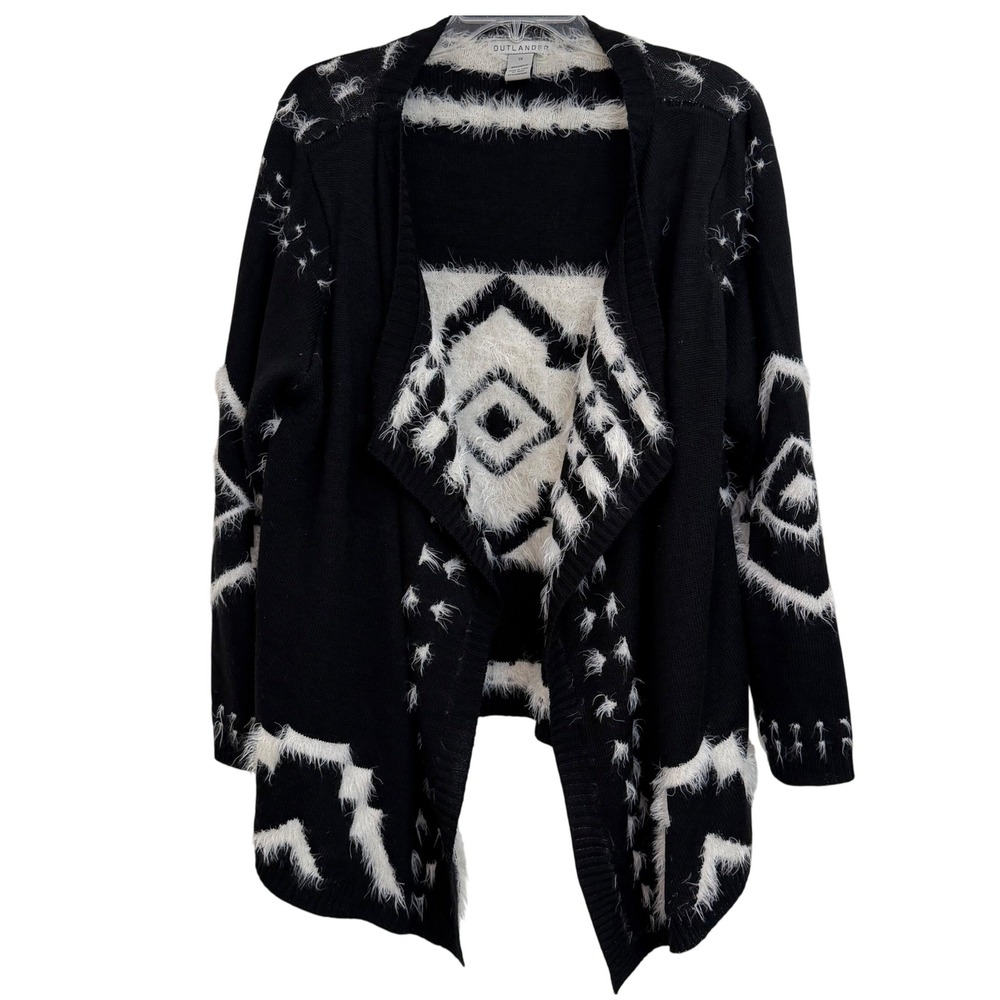 OUTLANDER Black White Geometric Eyelash Trim Waterfall Front Cardigan Sweater 1X